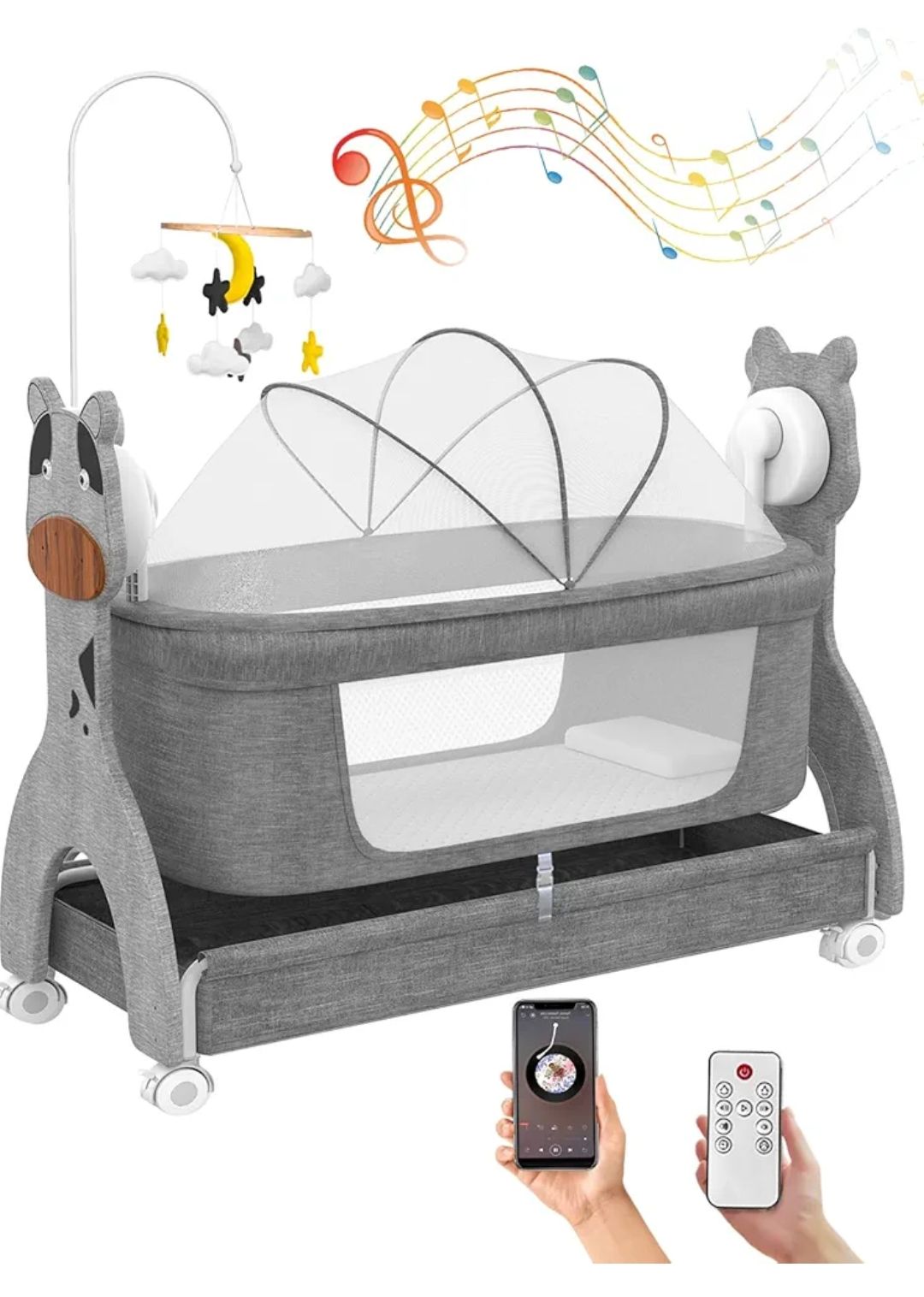 Electirc Baby Bassinet, Rocking Baby Crib with Locking Wheels, Baby Bassinets Bed Sleeper for Newborn with Remote Connection,Portable Baby Cradle for Infant with 3-Speed Swing and Timer,Bluetooth