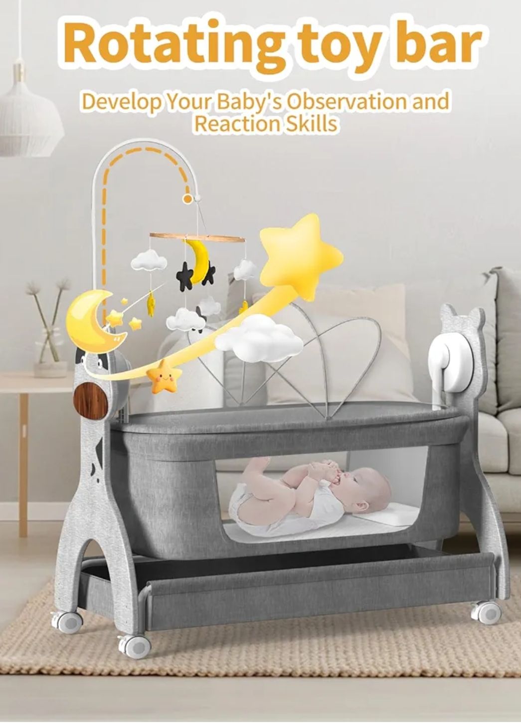 Electirc Baby Bassinet, Rocking Baby Crib with Locking Wheels, Baby Bassinets Bed Sleeper for Newborn with Remote Connection,Portable Baby Cradle for Infant with 3-Speed Swing and Timer,Bluetooth