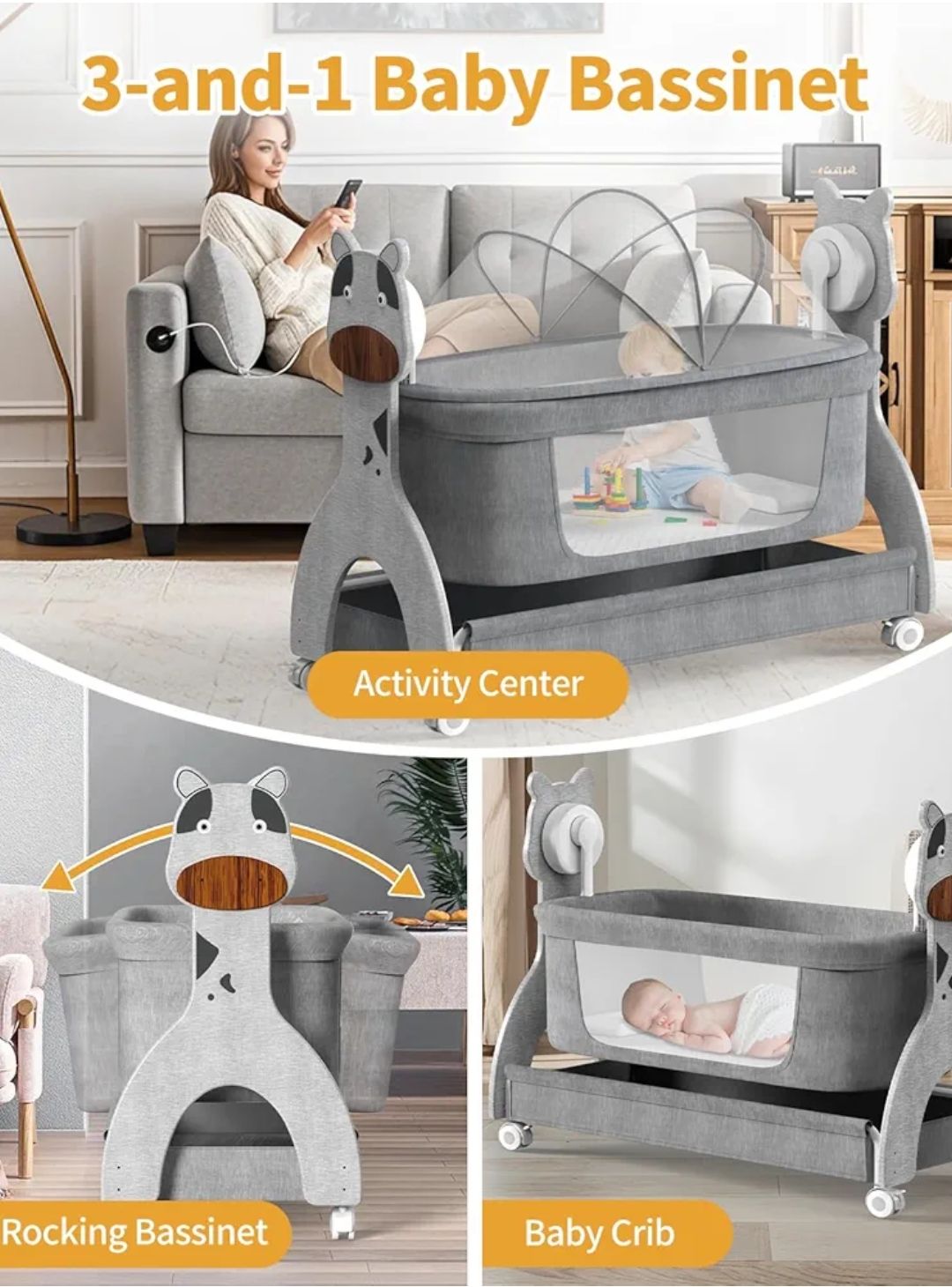 Electirc Baby Bassinet, Rocking Baby Crib with Locking Wheels, Baby Bassinets Bed Sleeper for Newborn with Remote Connection,Portable Baby Cradle for Infant with 3-Speed Swing and Timer,Bluetooth