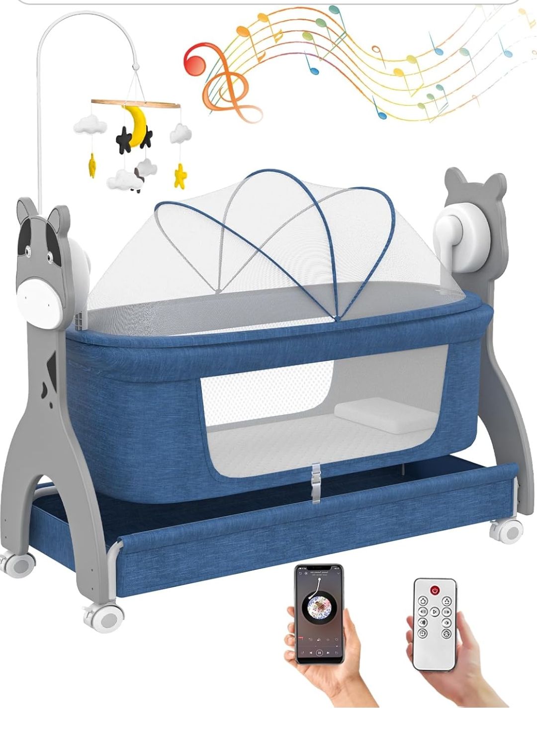 Electirc Baby Bassinet, Rocking Baby Crib with Locking Wheels, Baby Bassinets Bed Sleeper for Newborn with Remote Connection,Portable Baby Cradle for Infant with 3-Speed Swing and Timer,Bluetooth