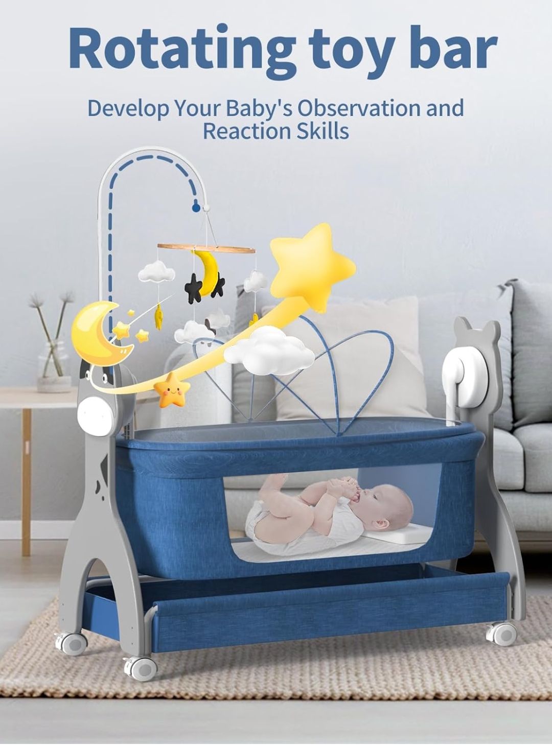 Electirc Baby Bassinet, Rocking Baby Crib with Locking Wheels, Baby Bassinets Bed Sleeper for Newborn with Remote Connection,Portable Baby Cradle for Infant with 3-Speed Swing and Timer,Bluetooth