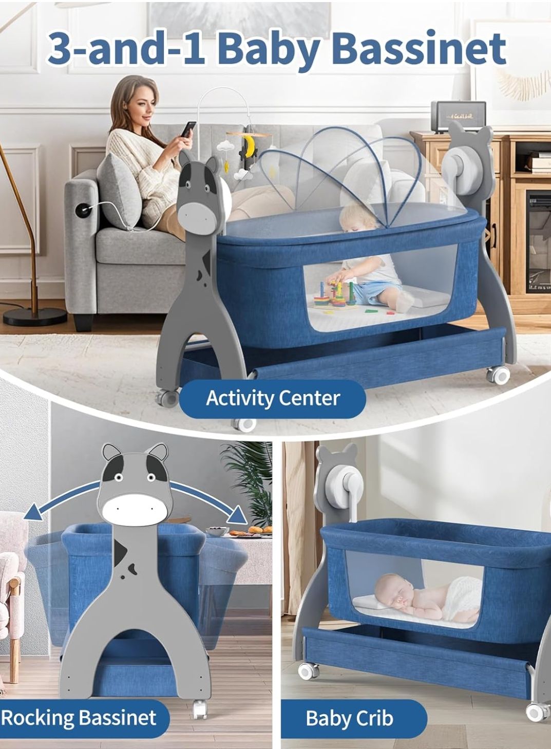 Electirc Baby Bassinet, Rocking Baby Crib with Locking Wheels, Baby Bassinets Bed Sleeper for Newborn with Remote Connection,Portable Baby Cradle for Infant with 3-Speed Swing and Timer,Bluetooth