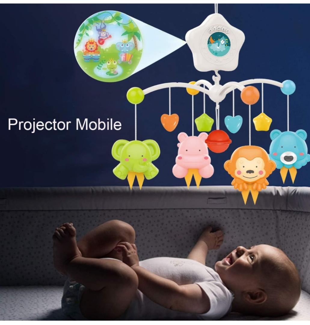 Baby Crib Mobile with Projrctor and Relaxing Music, Hanging Rotating Animals Rattles Nursery Gift Toy for Newborn 0-24 Months Boys and Girls Sleep