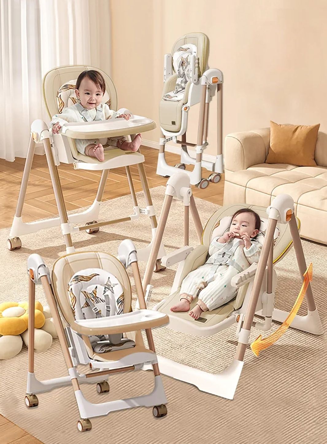 Kids High Chair, Foldable Swing Chair with Cushion Seat and Detachable Tray, Adjustable Chair with Wheels and Reclining Seat, Durable Materials (11-3) by Fantastic-Kids-Toys