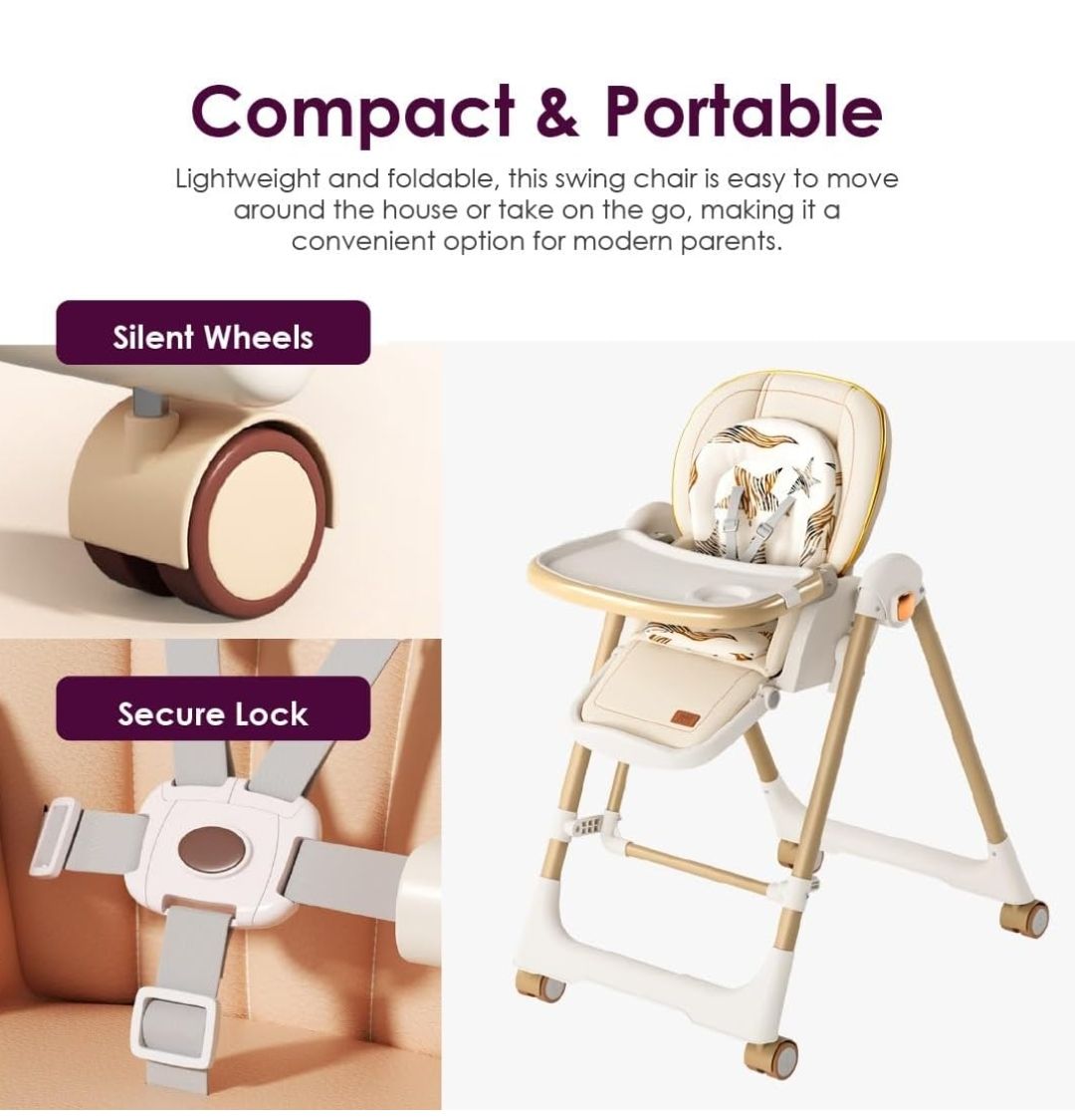 Kids High Chair, Foldable Swing Chair with Cushion Seat and Detachable Tray, Adjustable Chair with Wheels and Reclining Seat, Durable Materials (11-3) by Fantastic-Kids-Toys