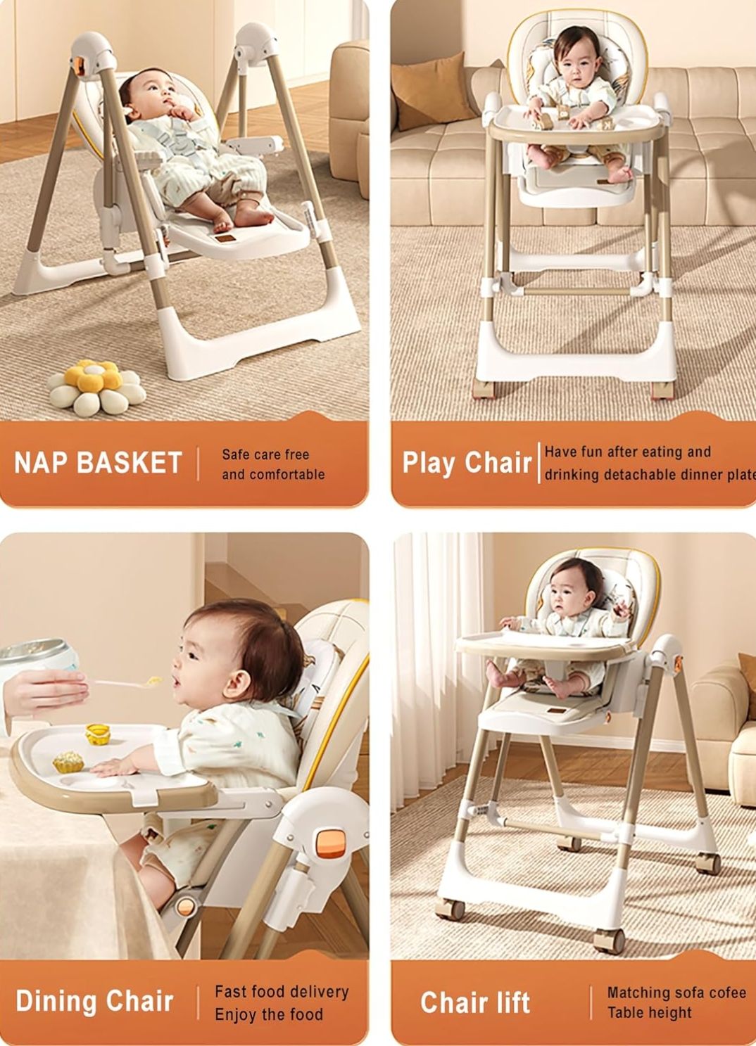 Kids High Chair, Foldable Swing Chair with Cushion Seat and Detachable Tray, Adjustable Chair with Wheels and Reclining Seat, Durable Materials (11-3) by Fantastic-Kids-Toys