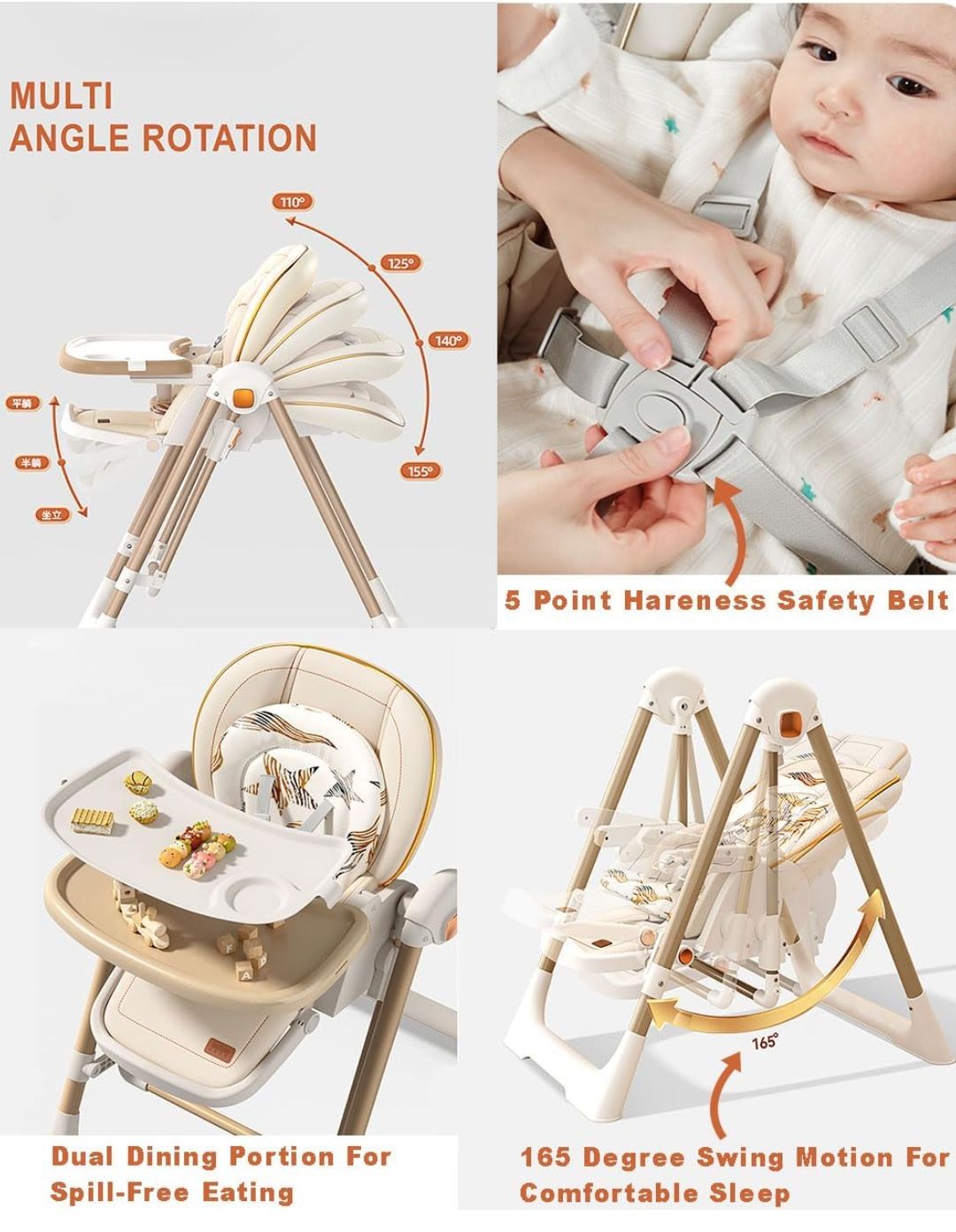 Kids High Chair, Foldable Swing Chair with Cushion Seat and Detachable Tray, Adjustable Chair with Wheels and Reclining Seat, Durable Materials (11-3) by Fantastic-Kids-Toys