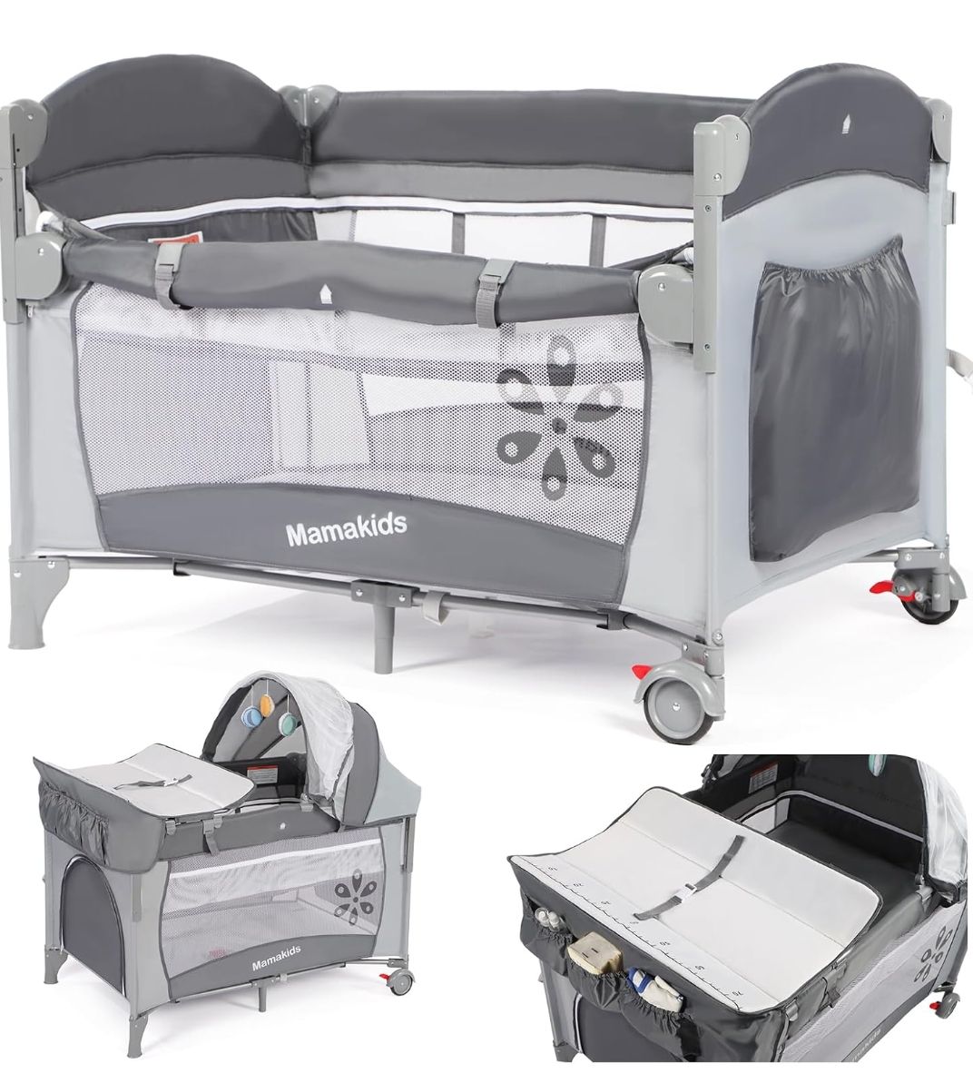 Mamakids 5-in-1 Baby Bedside Crib with 3 Adjustable Height, Next to Me Crib, Foldable & Portable Baby Travel Cot with Mattress, Storage Bag, Changing Table, Baby Bassinet for Newborn