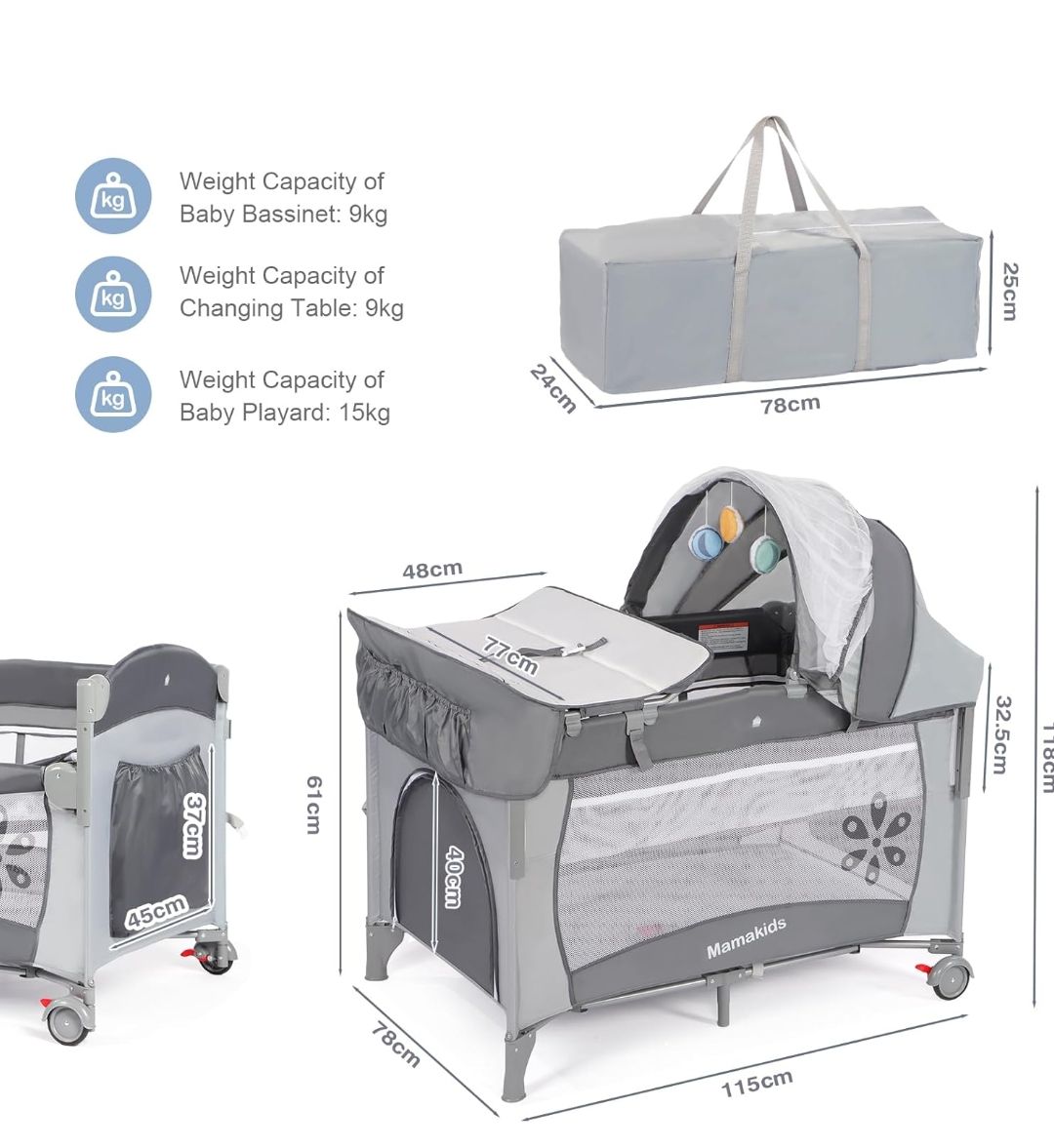 Mamakids 5-in-1 Baby Bedside Crib with 3 Adjustable Height, Next to Me Crib, Foldable & Portable Baby Travel Cot with Mattress, Storage Bag, Changing Table, Baby Bassinet for Newborn