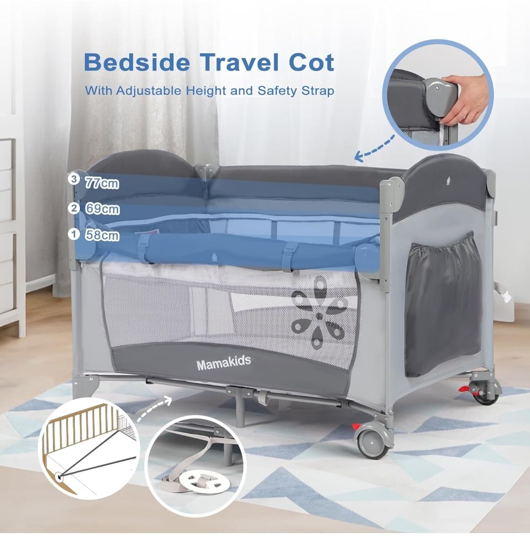 Mamakids 5-in-1 Baby Bedside Crib with 3 Adjustable Height, Next to Me Crib, Foldable & Portable Baby Travel Cot with Mattress, Storage Bag, Changing Table, Baby Bassinet for Newborn