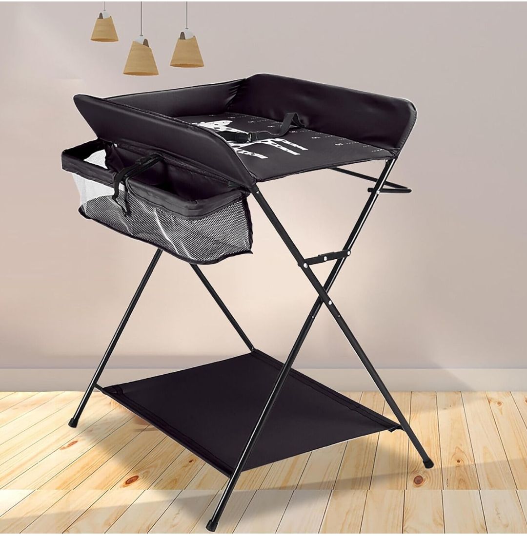 Baby Massage Table With Wheels, Adjustable Height Folding Portable Baby Shower Table Dressing Table, With Clothes Drying Rack & Storage Rack For Infant,black flagship models