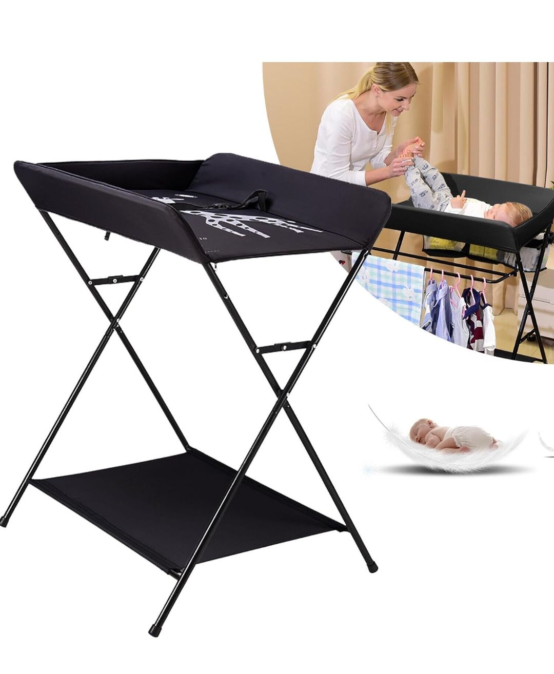 Baby Massage Table With Wheels, Adjustable Height Folding Portable Baby Shower Table Dressing Table, With Clothes Drying Rack & Storage Rack For Infant,black flagship models