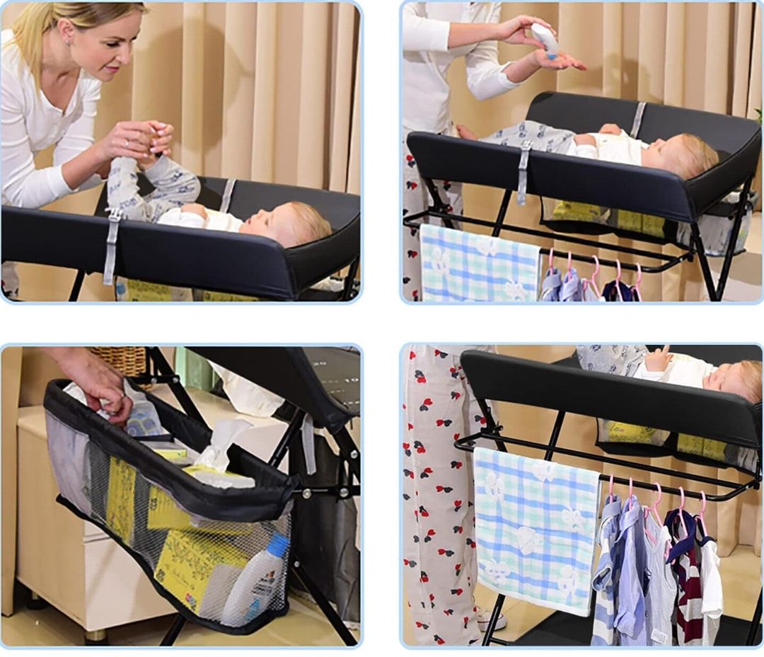 Baby Massage Table With Wheels, Adjustable Height Folding Portable Baby Shower Table Dressing Table, With Clothes Drying Rack & Storage Rack For Infant,black flagship models