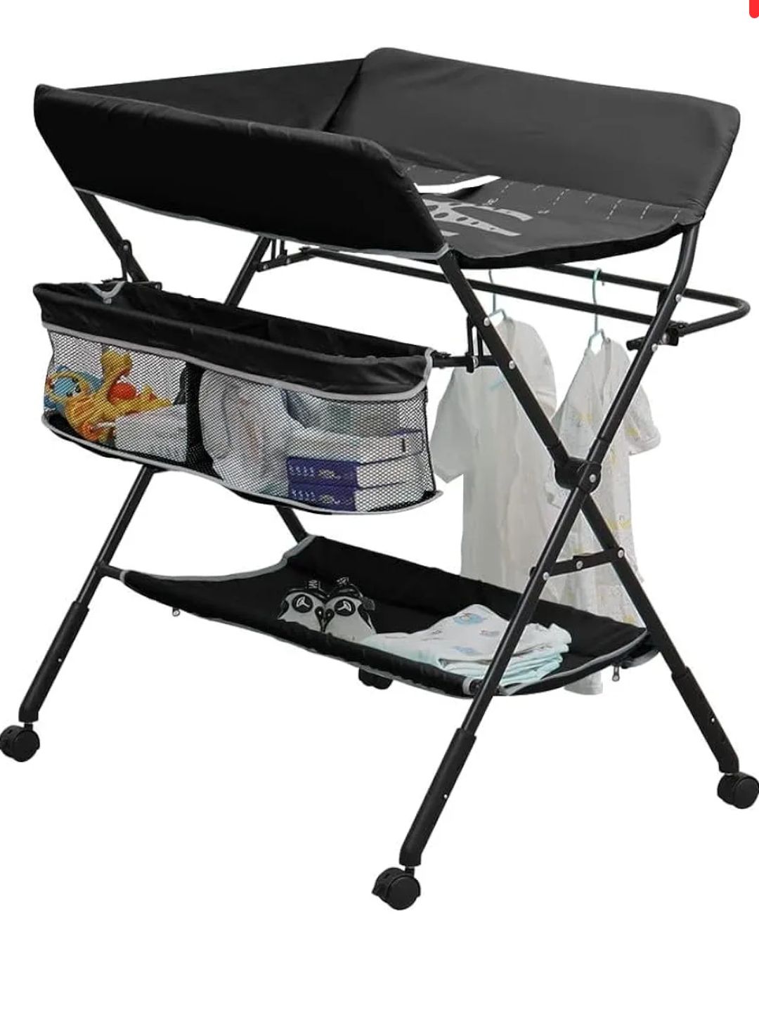 Baby Massage Table With Wheels, Adjustable Height Folding Portable Baby Shower Table Dressing Table, With Clothes Drying Rack & Storage Rack For Infant,black flagship models