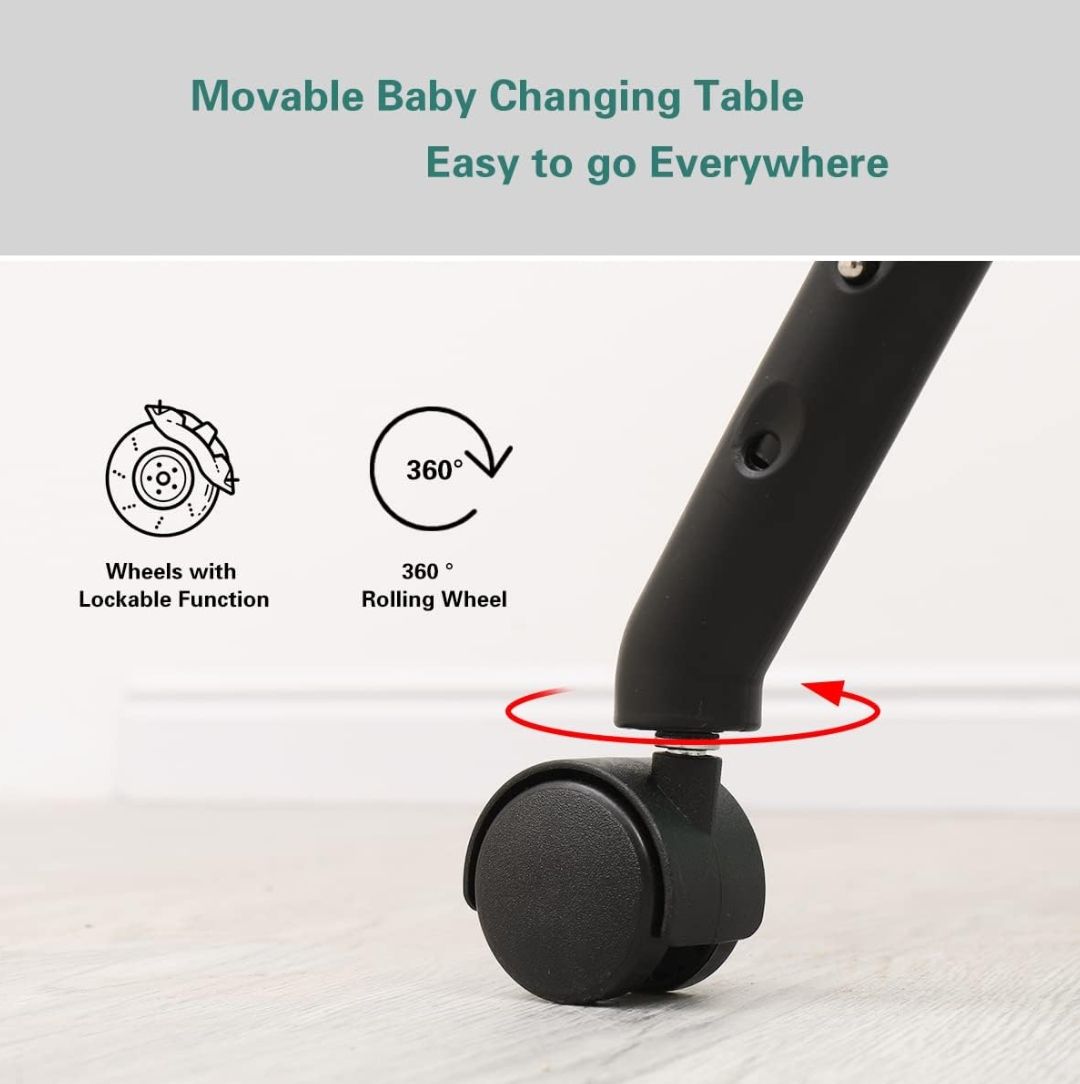 Baby Massage Table With Wheels, Adjustable Height Folding Portable Baby Shower Table Dressing Table, With Clothes Drying Rack & Storage Rack For Infant,black flagship models