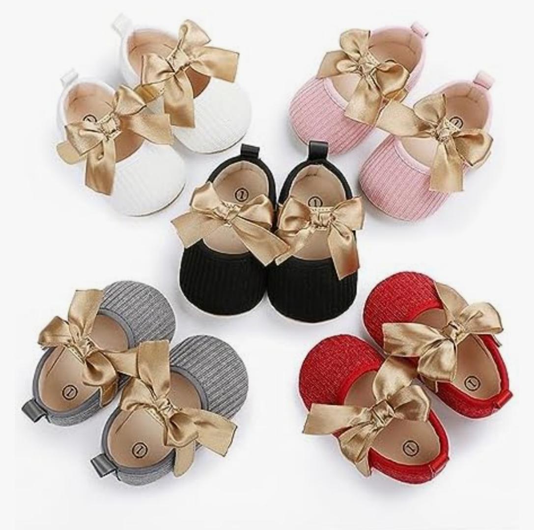 Baby Girls Shoes ​Flats Newborn Infant Girls Prewalker Bowknot ​Toddler Princess Party Dress Crib Shoes Soft Sole Baby Girls First Walking Shoes with Hook Loop