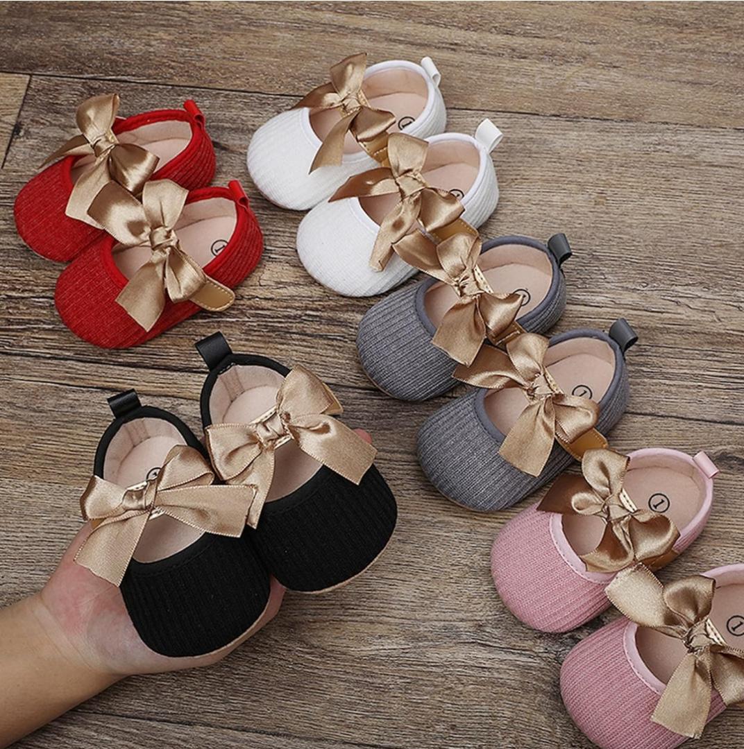 Baby Girls Shoes ​Flats Newborn Infant Girls Prewalker Bowknot ​Toddler Princess Party Dress Crib Shoes Soft Sole Baby Girls First Walking Shoes with Hook Loop