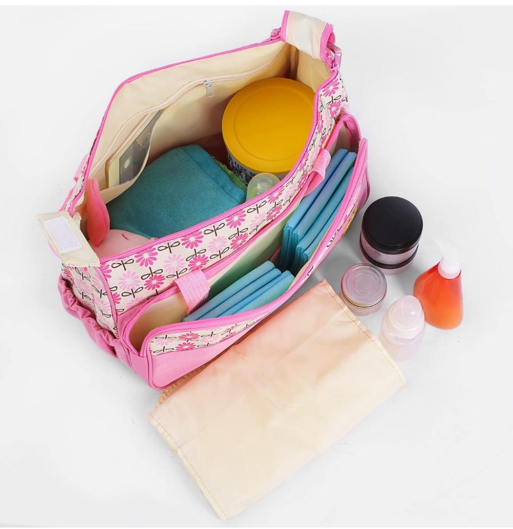 5 Pcs Multifunctional Set Baby Changing Diaper Nappy Bag, Maternity Mummy Handbag, Portable Nappy Basket Storage Organiser, Maternity Baby Bag for Boys Girls(Pink)