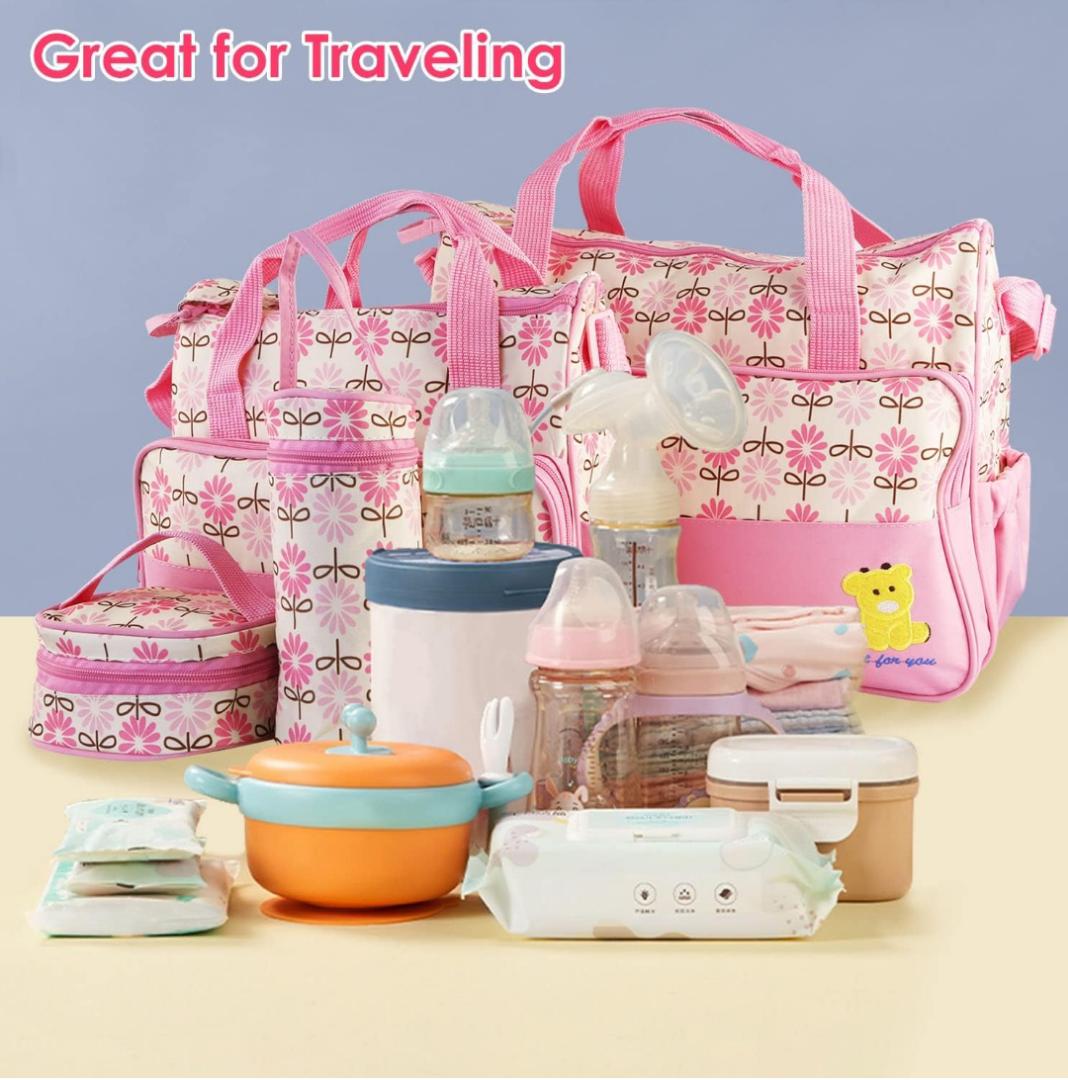 5 Pcs Multifunctional Set Baby Changing Diaper Nappy Bag, Maternity Mummy Handbag, Portable Nappy Basket Storage Organiser, Maternity Baby Bag for Boys Girls(Pink)