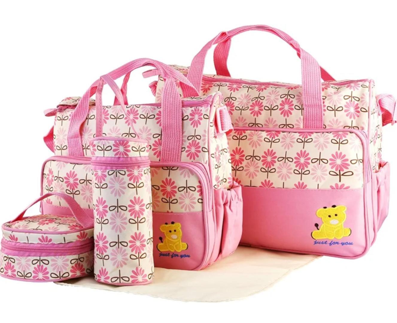 5 Pcs Multifunctional Set Baby Changing Diaper Nappy Bag, Maternity Mummy Handbag, Portable Nappy Basket Storage Organiser, Maternity Baby Bag for Boys Girls(Pink)