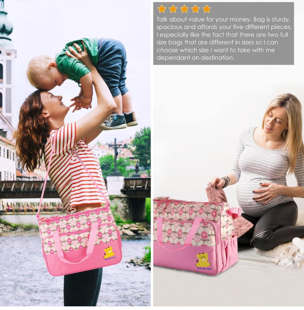 5 Pcs Multifunctional Set Baby Changing Diaper Nappy Bag, Maternity Mummy Handbag, Portable Nappy Basket Storage Organiser, Maternity Baby Bag for Boys Girls(Pink)