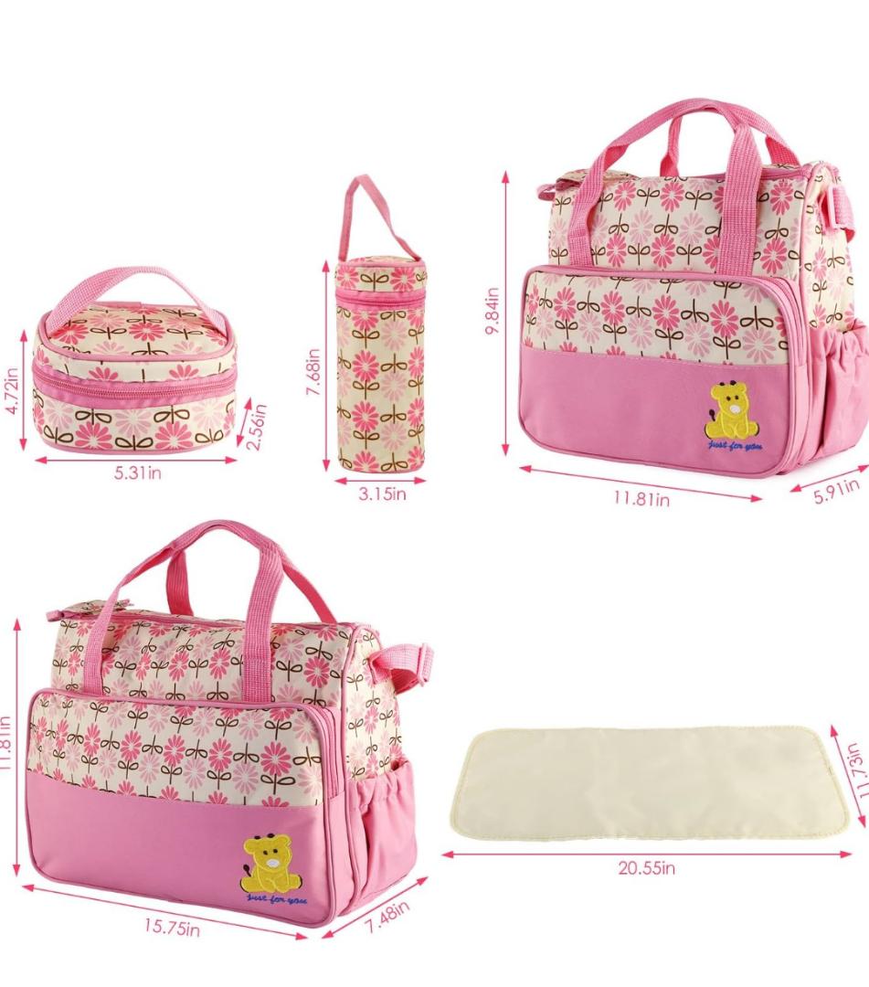 5 Pcs Multifunctional Set Baby Changing Diaper Nappy Bag, Maternity Mummy Handbag, Portable Nappy Basket Storage Organiser, Maternity Baby Bag for Boys Girls(Pink)