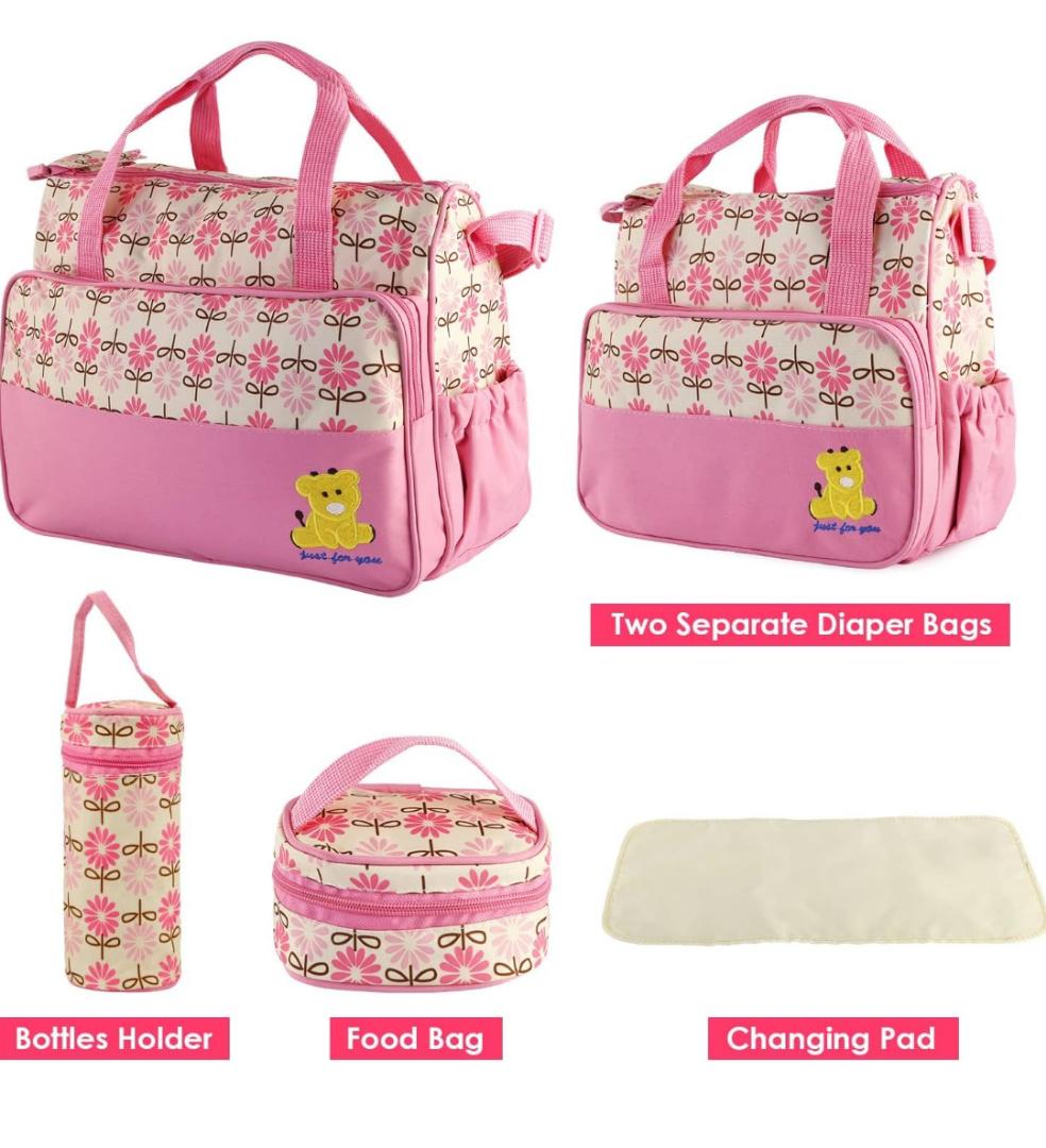 5 Pcs Multifunctional Set Baby Changing Diaper Nappy Bag, Maternity Mummy Handbag, Portable Nappy Basket Storage Organiser, Maternity Baby Bag for Boys Girls(Pink)