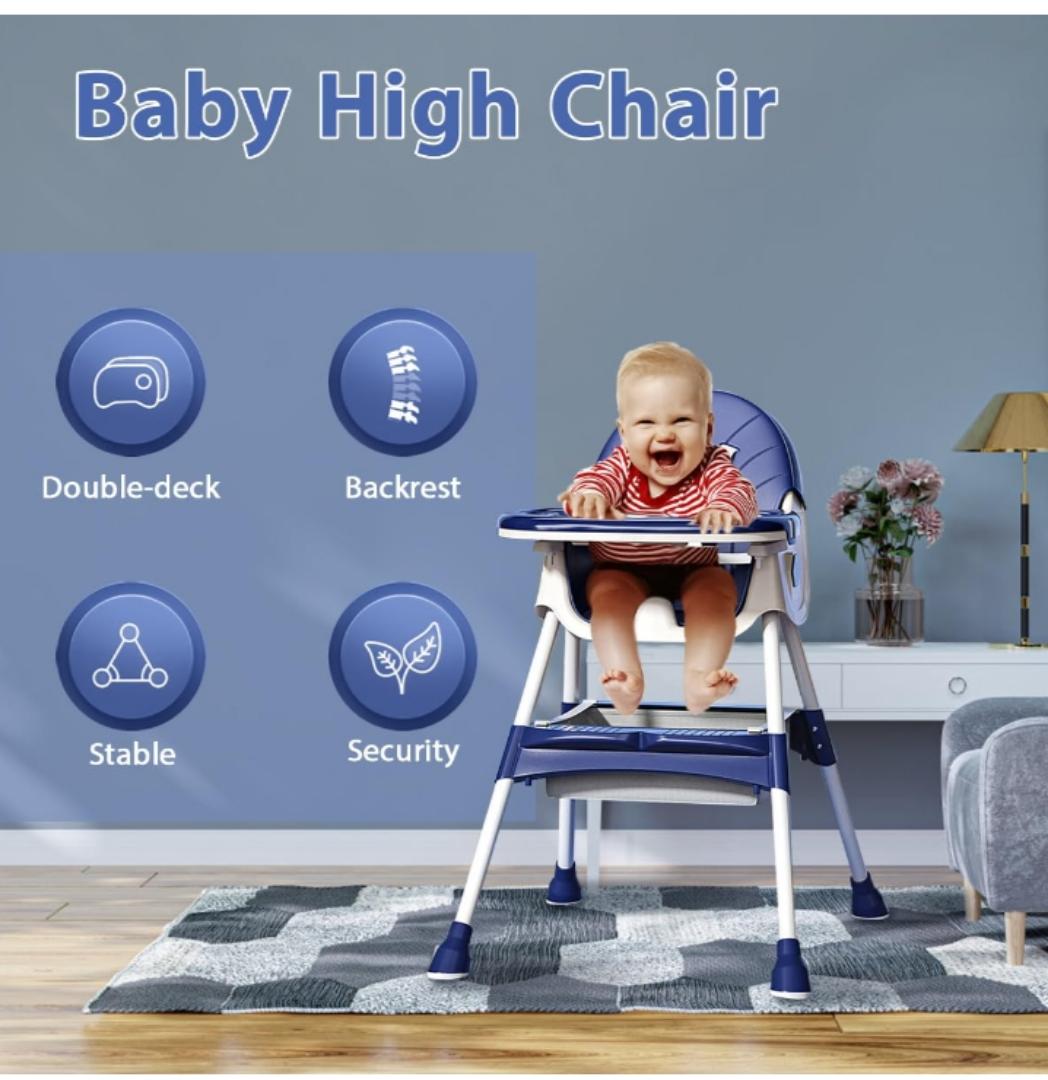 Baby High Chair Foldable Infant Feeding Chair Adjustable Height Convertible Highchair, Toddler Dining Eating Stool Table Booster Seat Non-Slip Feet Pad Safety Belt PU Chair with Removable Double Tray