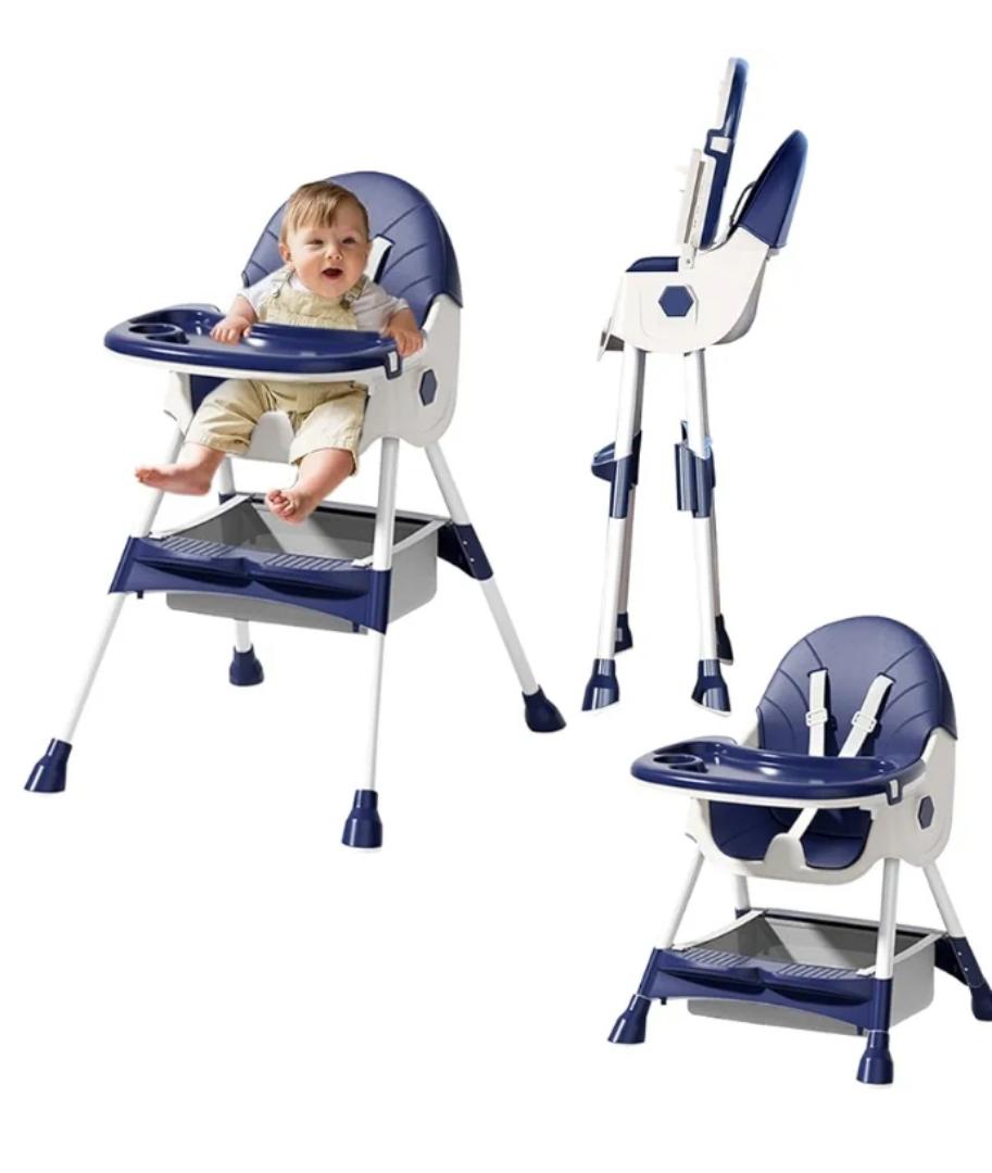 Baby High Chair Foldable Infant Feeding Chair Adjustable Height Convertible Highchair, Toddler Dining Eating Stool Table Booster Seat Non-Slip Feet Pad Safety Belt PU Chair with Removable Double Tray