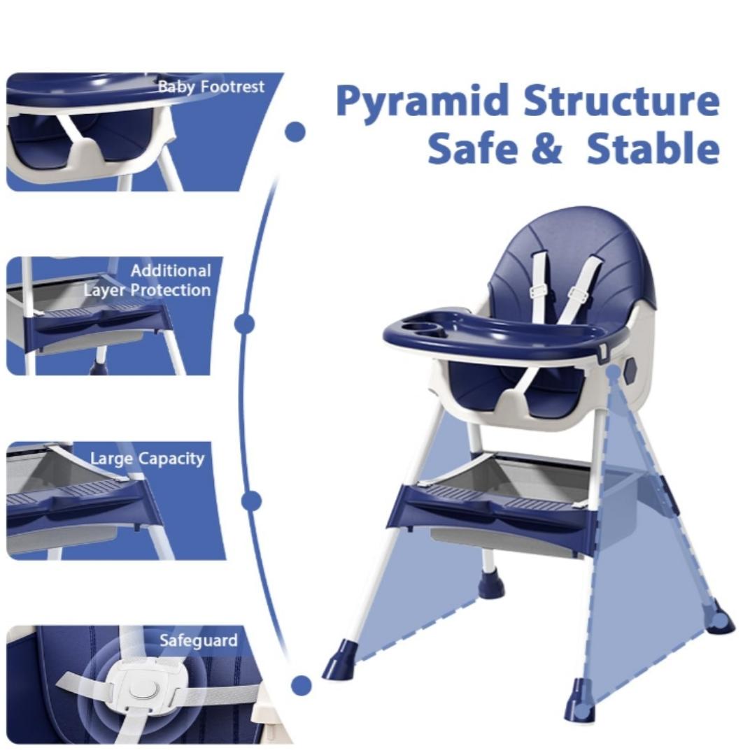 Baby High Chair Foldable Infant Feeding Chair Adjustable Height Convertible Highchair, Toddler Dining Eating Stool Table Booster Seat Non-Slip Feet Pad Safety Belt PU Chair with Removable Double Tray