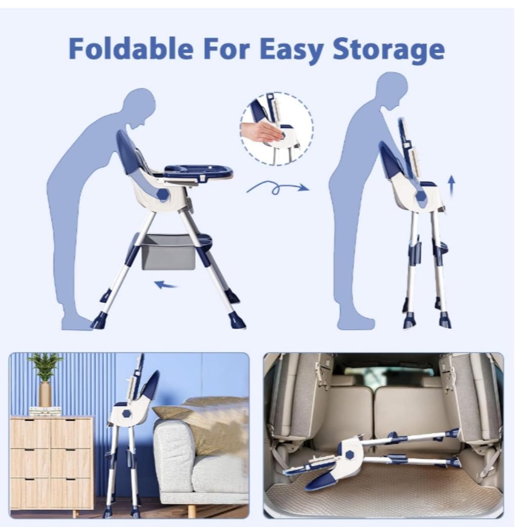 Baby High Chair Foldable Infant Feeding Chair Adjustable Height Convertible Highchair, Toddler Dining Eating Stool Table Booster Seat Non-Slip Feet Pad Safety Belt PU Chair with Removable Double Tray
