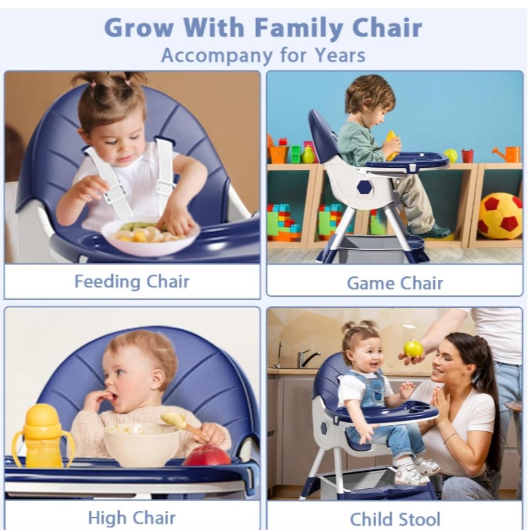 Baby High Chair Foldable Infant Feeding Chair Adjustable Height Convertible Highchair, Toddler Dining Eating Stool Table Booster Seat Non-Slip Feet Pad Safety Belt PU Chair with Removable Double Tray