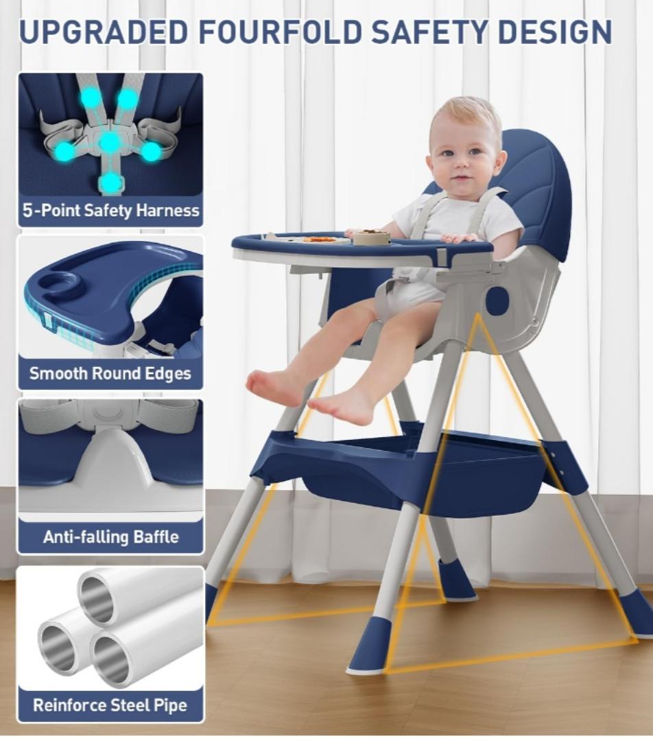 Baby High Chair, 5 in 1 High Chairs for Babies and Toddlers, Travel Foldable High Chair with Foot Rest, Detachable PU Cushion, Double Removable Tray, Adjustable Height & Recline, Locking Wheels
