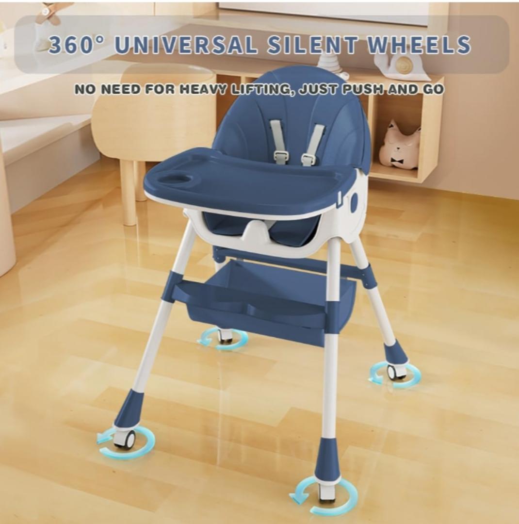 Baby High Chair, 5 in 1 High Chairs for Babies and Toddlers, Travel Foldable High Chair with Foot Rest, Detachable PU Cushion, Double Removable Tray, Adjustable Height & Recline, Locking Wheels