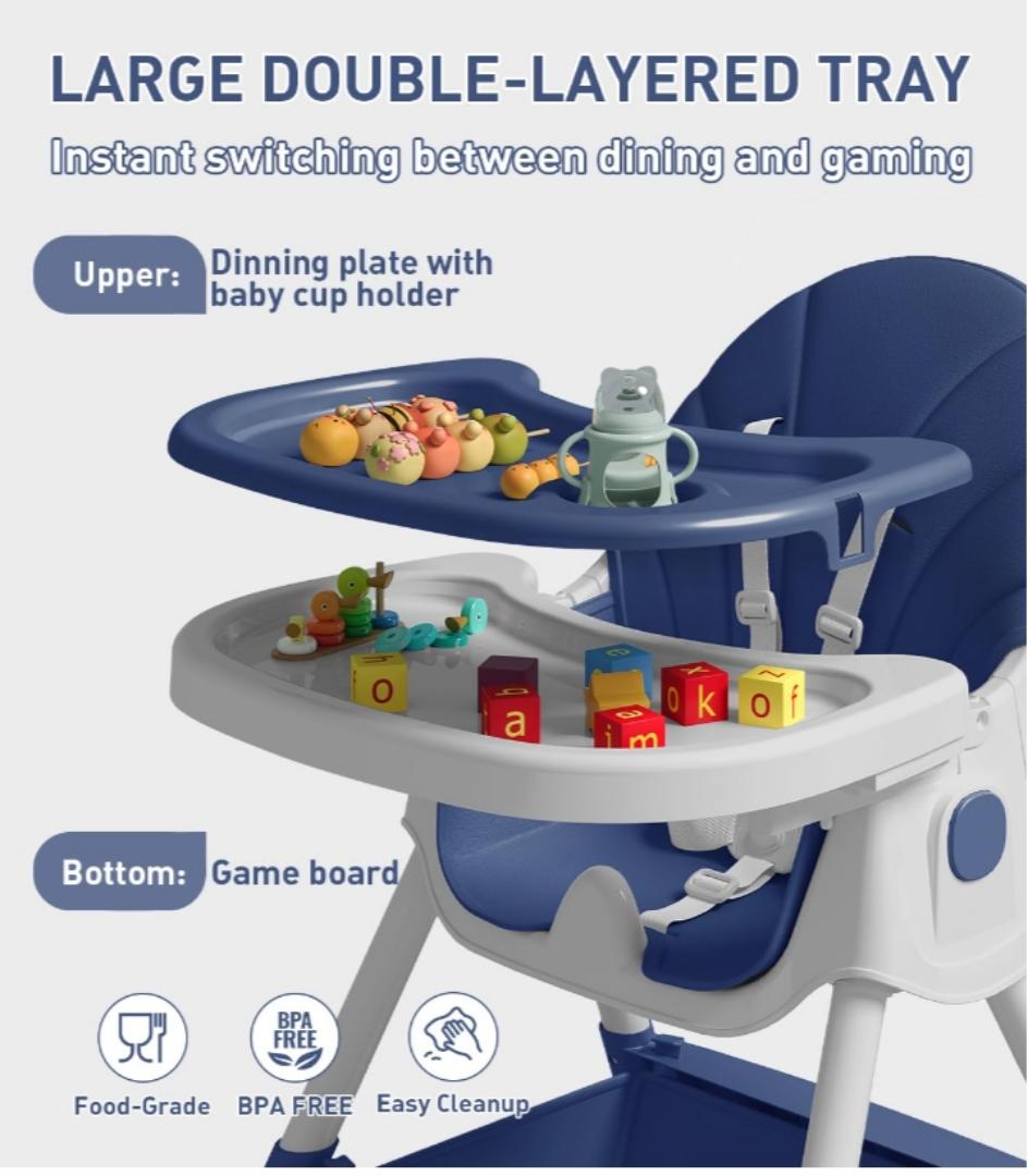 Baby High Chair, 5 in 1 High Chairs for Babies and Toddlers, Travel Foldable High Chair with Foot Rest, Detachable PU Cushion, Double Removable Tray, Adjustable Height & Recline, Locking Wheels