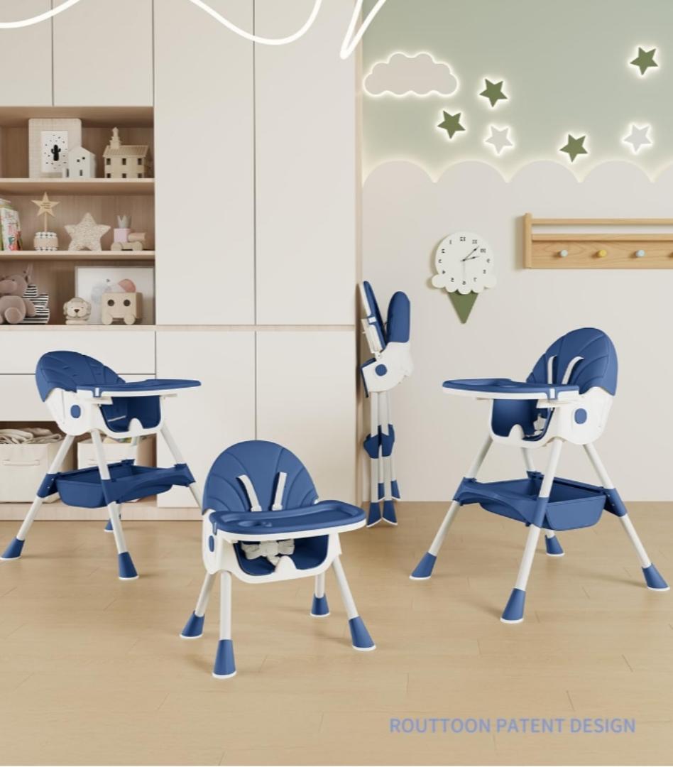 Baby High Chair, 5 in 1 High Chairs for Babies and Toddlers, Travel Foldable High Chair with Foot Rest, Detachable PU Cushion, Double Removable Tray, Adjustable Height & Recline, Locking Wheels