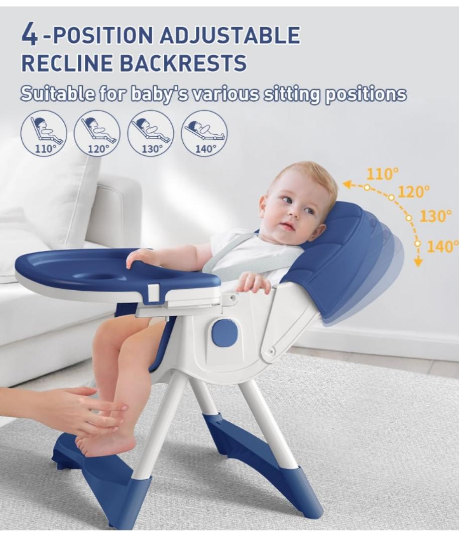 Baby High Chair, 5 in 1 High Chairs for Babies and Toddlers, Travel Foldable High Chair with Foot Rest, Detachable PU Cushion, Double Removable Tray, Adjustable Height & Recline, Locking Wheels