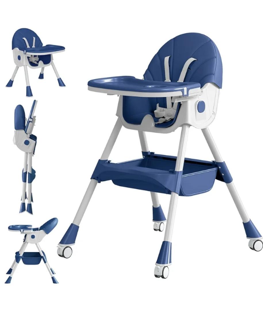 Baby High Chair, 5 in 1 High Chairs for Babies and Toddlers, Travel Foldable High Chair with Foot Rest, Detachable PU Cushion, Double Removable Tray, Adjustable Height & Recline, Locking Wheels