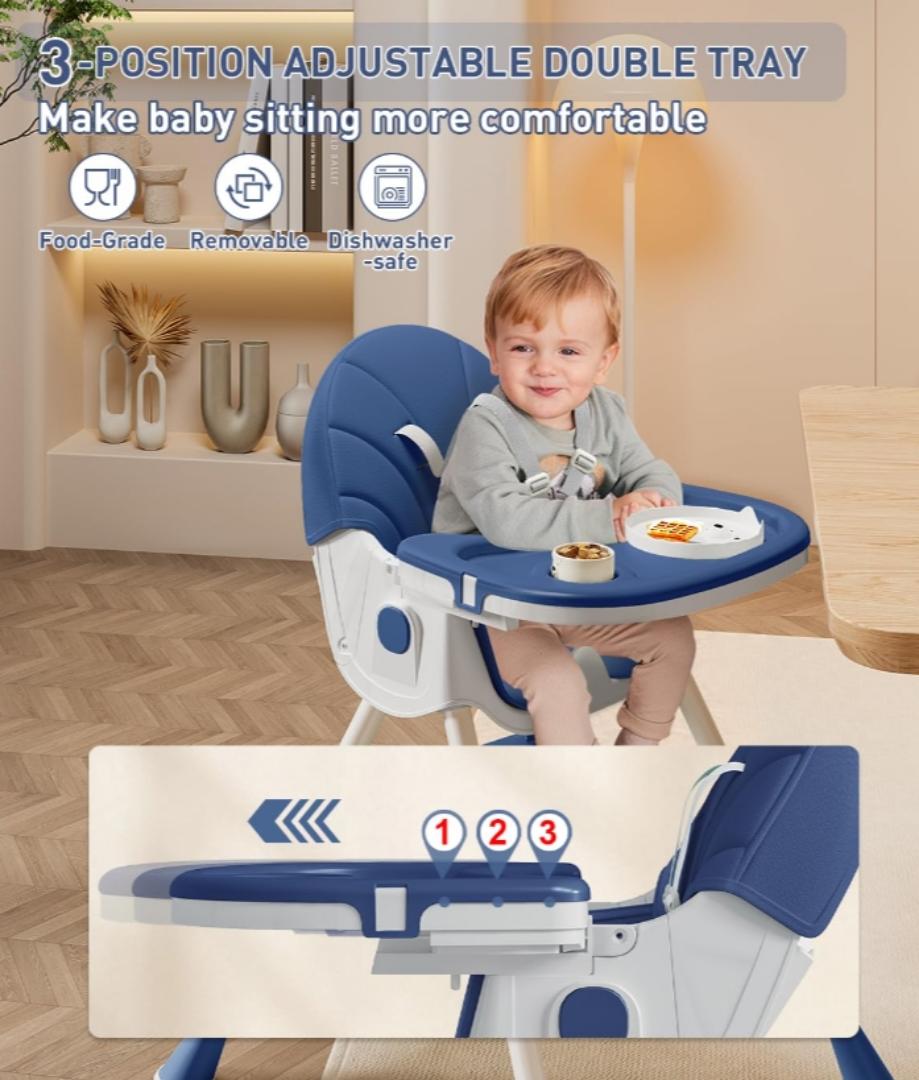 Baby High Chair, 5 in 1 High Chairs for Babies and Toddlers, Travel Foldable High Chair with Foot Rest, Detachable PU Cushion, Double Removable Tray, Adjustable Height & Recline, Locking Wheels