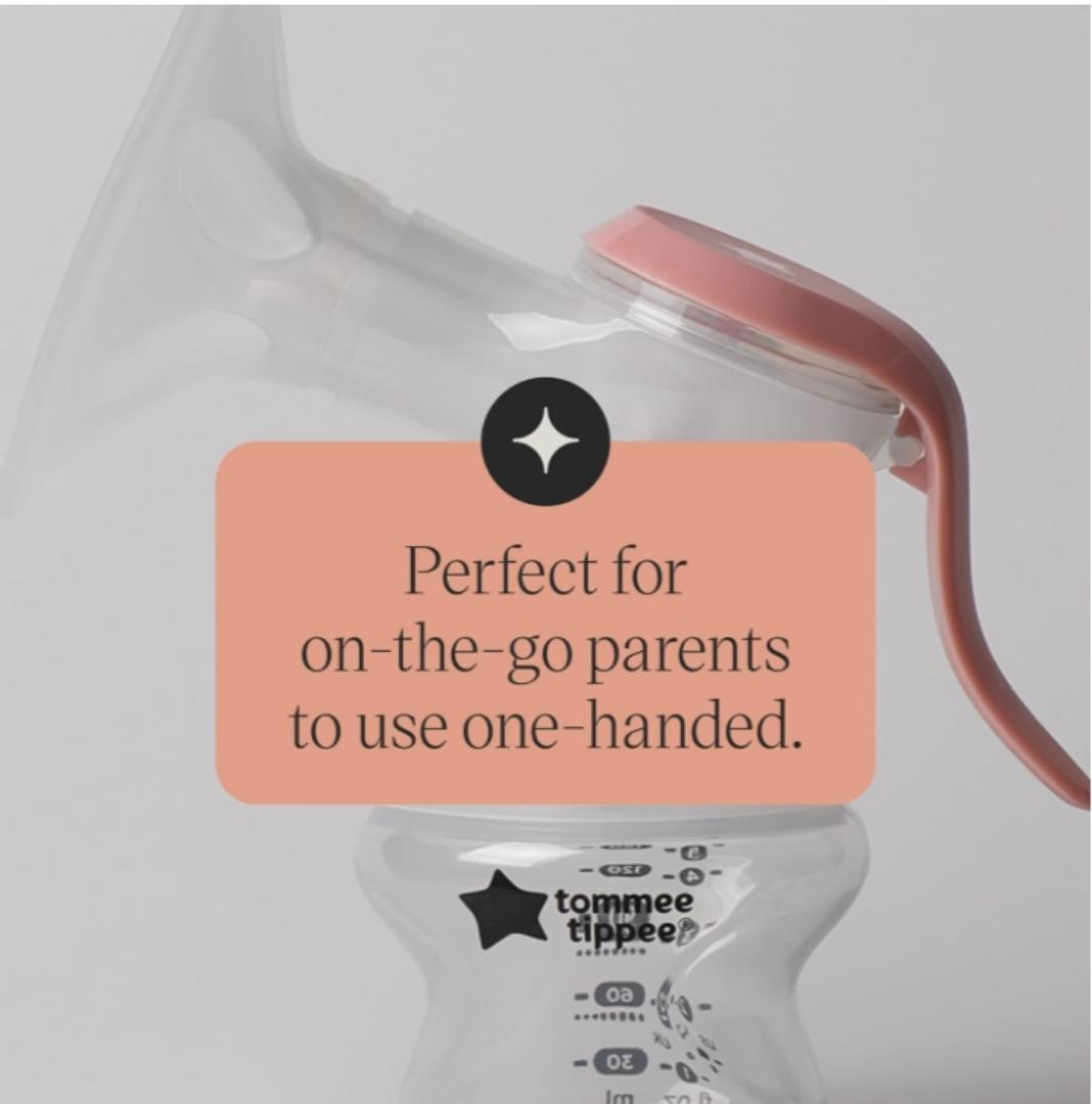 Tommee Tippee Made Me Single Manual Breast Pump, Strong Suction, Soft Feel, Ergonomic Handle, Portable and Quiet Breastmilk Pump, Baby Bottle Included