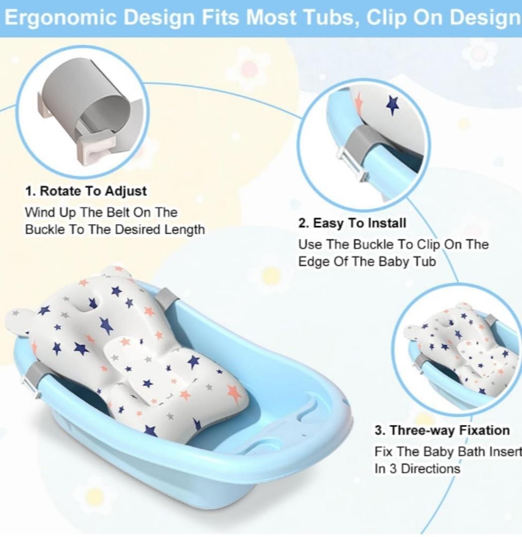 Baby Bath Cushion Cartoon Newborn Bathtub Mat Non-Slip Baby Bath Pad Quick Dry Baby Bathtub Pillow Seat Mat Floating Baby Bath Seat Cushion Adjustable Baby Bath Support Cushion for Baby 0-12 Months