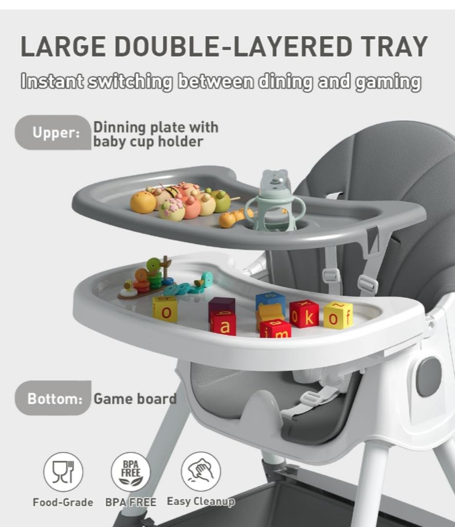 Baby High Chair, 5 in 1 High Chairs for Babies and Toddlers, Travel Foldable High Chair with Foot Rest, Detachable PU Cushion, Double Removable Tray, Adjustable Height