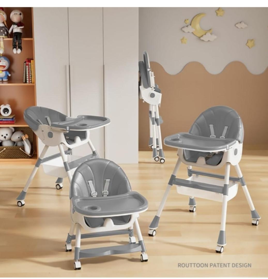 Baby High Chair, 5 in 1 High Chairs for Babies and Toddlers, Travel Foldable High Chair with Foot Rest, Detachable PU Cushion, Double Removable Tray, Adjustable Height