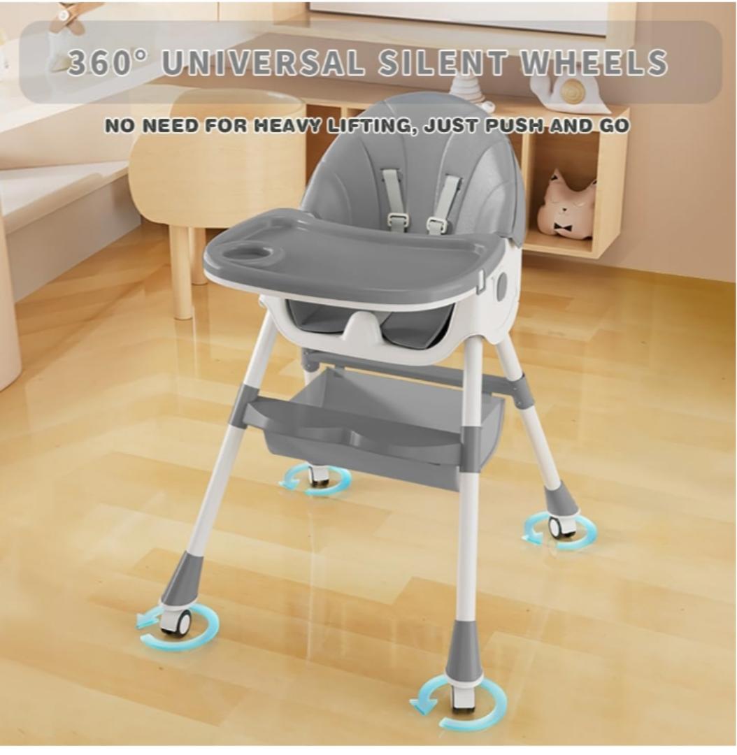 Baby High Chair, 5 in 1 High Chairs for Babies and Toddlers, Travel Foldable High Chair with Foot Rest, Detachable PU Cushion, Double Removable Tray, Adjustable Height