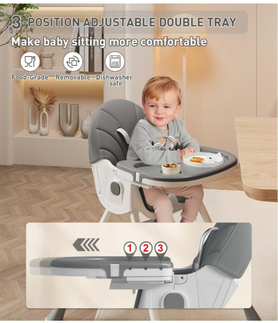 Baby High Chair, 5 in 1 High Chairs for Babies and Toddlers, Travel Foldable High Chair with Foot Rest, Detachable PU Cushion, Double Removable Tray, Adjustable Height