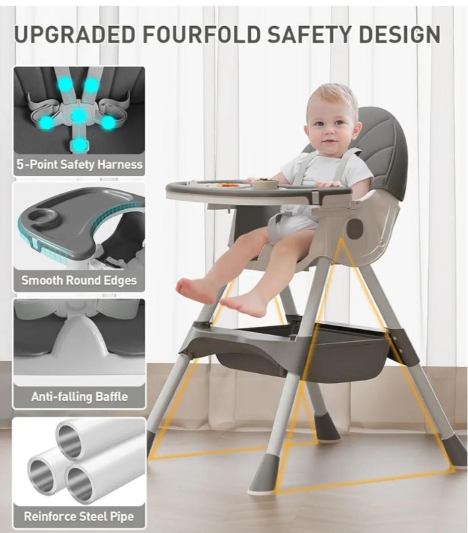 Baby High Chair, 5 in 1 High Chairs for Babies and Toddlers, Travel Foldable High Chair with Foot Rest, Detachable PU Cushion, Double Removable Tray, Adjustable Height