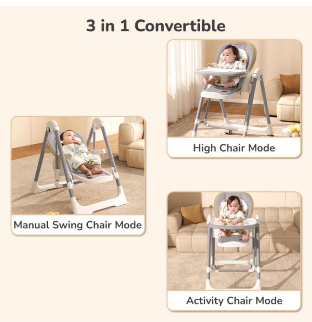 3-in-1 High Chair with Swing for Baby, Adjustable Height, Dual Tray, Reclinable Backrest & Footrest Feeding Chair for 6 Months to 5 Years Kids |(Abstract Grey)