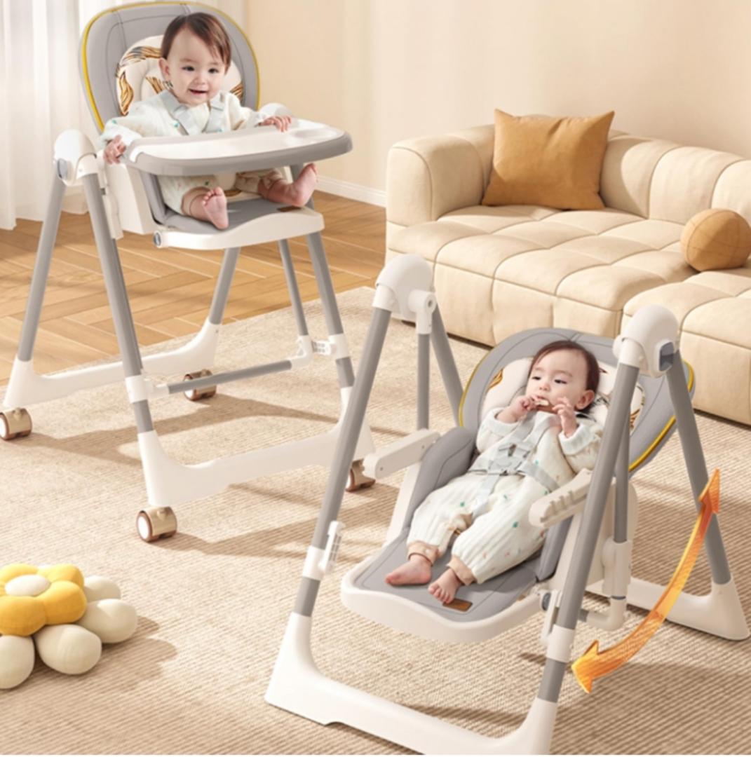 3-in-1 High Chair with Swing for Baby, Adjustable Height, Dual Tray, Reclinable Backrest & Footrest Feeding Chair for 6 Months to 5 Years Kids |(Abstract Grey)