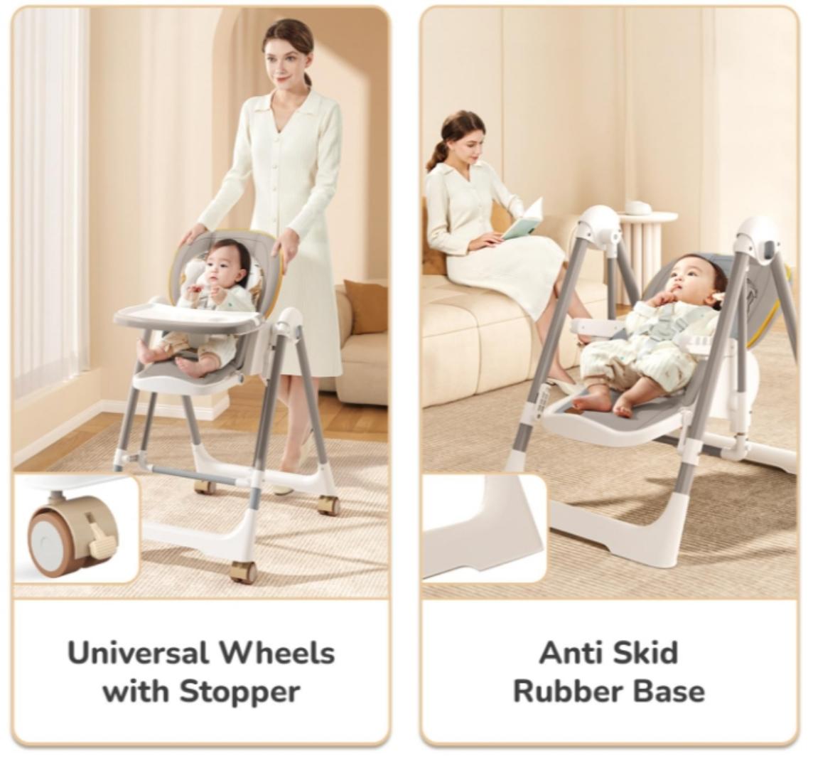 3-in-1 High Chair with Swing for Baby, Adjustable Height, Dual Tray, Reclinable Backrest & Footrest Feeding Chair for 6 Months to 5 Years Kids |(Abstract Grey)