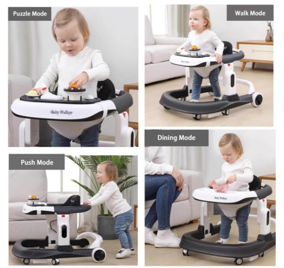 Premium 4-in-1 Baby Walker with Wheels, Foldable Baby Push Walker with Adjustable Height & Speed, Standing Activity Center with Music & Lights
